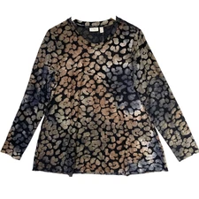 Logo Burnout Sheer Pockets Textured Swing Top Womens L Long Lori Goldstein NWT