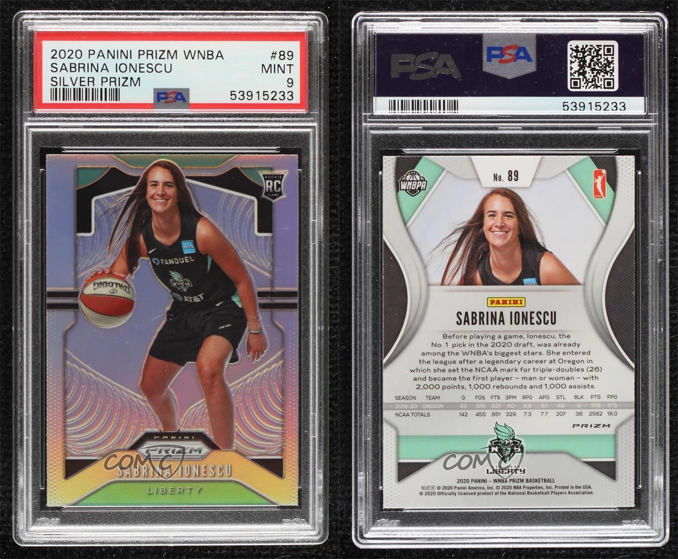 2020 Panini Prizm WNBA Silver Sabrina Ionescu #89 PSA 9 MINT Rookie RC 0vv view 3