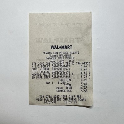 Vintage WALMART Receipt July 7 1999 Mentos Fruit
