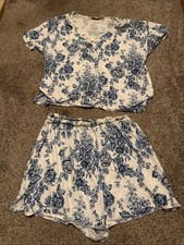 Gold Tag Vintage Victoria  s Secret Blue Rose White Lace Two Piece Set Size L