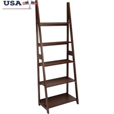 Modern Walnut Ladder Bookshelf 5 Shelf Space Saving Bookcase Organizer New