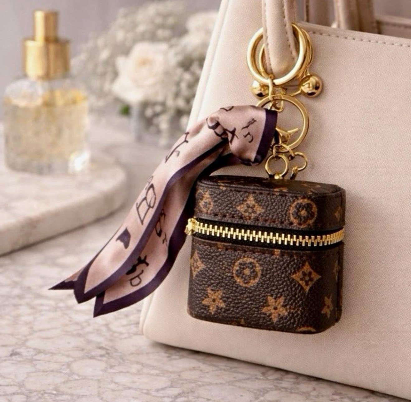 Brown Monogram Zip Pouch Bag Charm Keychain, Detachable Gold Keyring, Pink Scarf