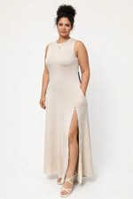 THE FIFTH LABEL Beige Knit Maxi Dress Sleeveless Side Zip Slit Pockets L