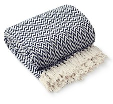 100% Cotton Herringbone Throw Navy Blue Geo Fringe Tassel Sofa Bed Chair Blanket