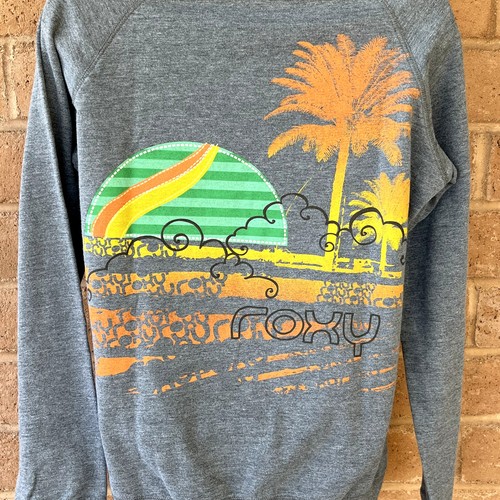Roxy Lightweight Pullover Hoodie Sweatshirt Gray Striped Beach Scene Juniors L - Picture 7 of 10