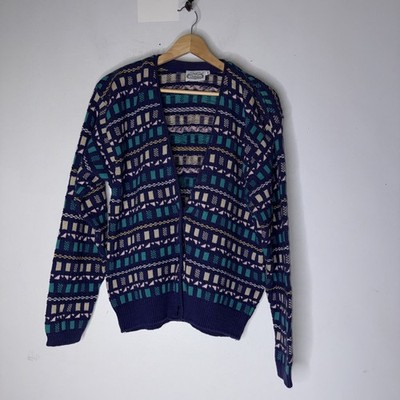 Vintage Villager Blue Geometric V Neck Button Down Cotton Cardigan Medium 