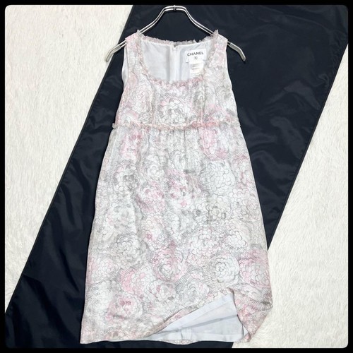 CHANEL Silk Dress Camellia Print Sleeveless Size 34 85.5cm Length Pink Gray
