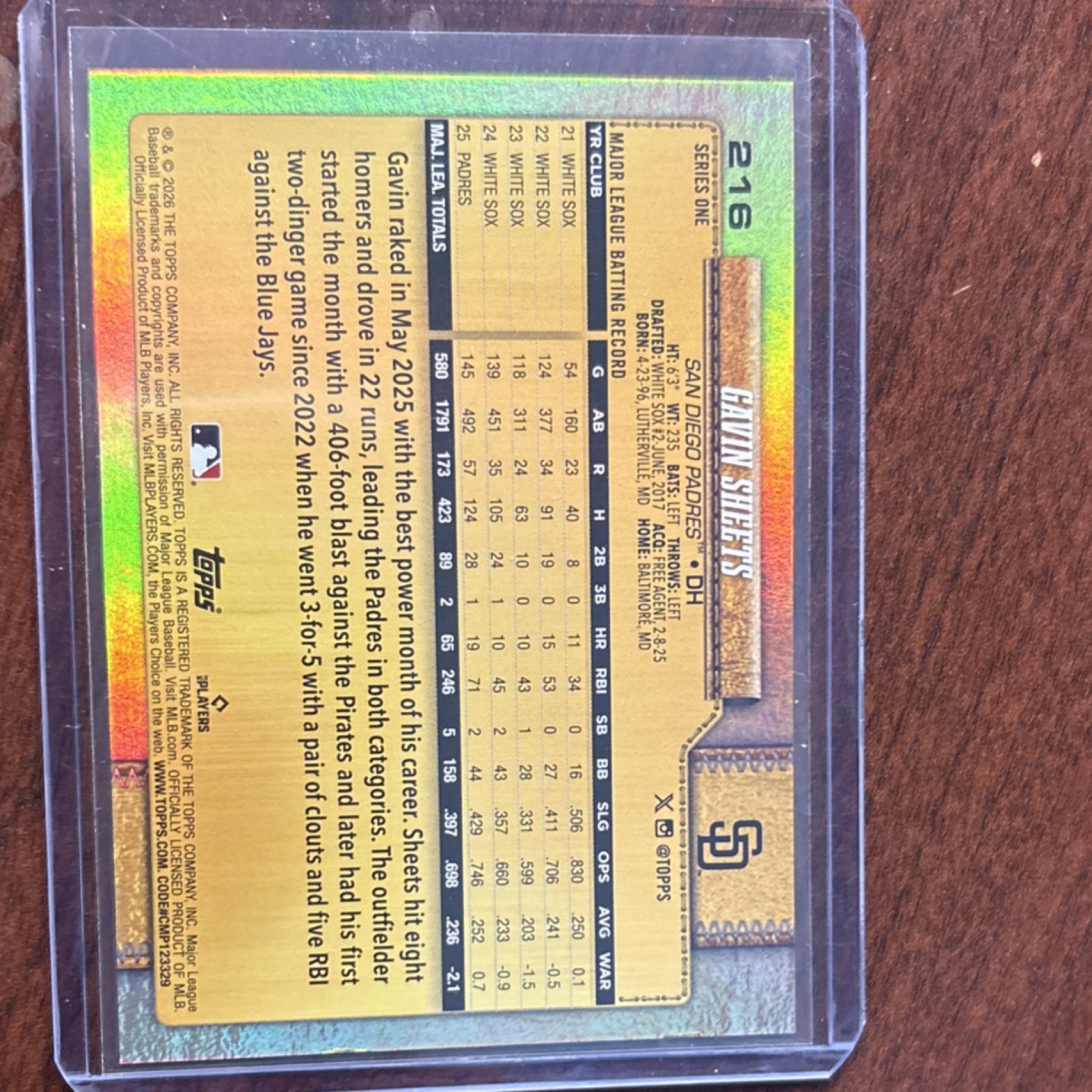 Topps 2026 Series 1 Gavin Sheets San Diego Padres #216 Golden Mirror