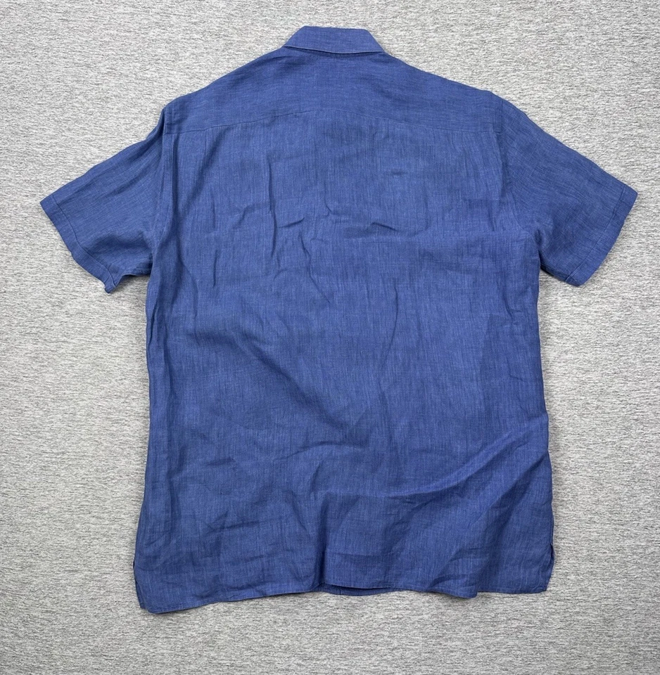 Ermenegildo Zegna Shirt Mens Large Blue 100% Linen Short Sleeve Button Up Travel - Image 3 of 4