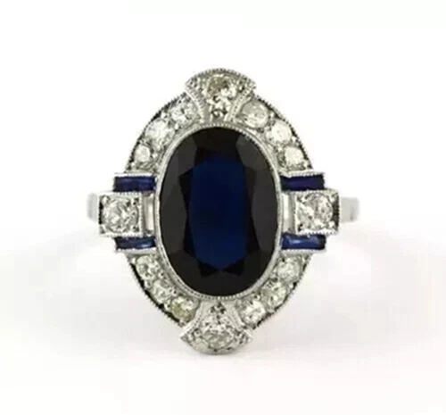 Art Deco Vintage Sapphire & Lab-Created Diamond Wedding 14K White Gold FN Ring