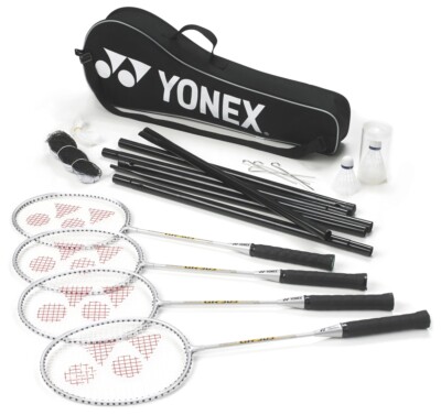 Yonex Badminton 4 Spieler Ausrüstungsset 4x Schläger, 2x Shuttles & Netz und Pfosten
