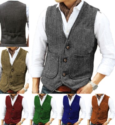 Hunting Men Tweed Waistcoat Herringbone Vest Wedding Work Vintage Wool Groomsman