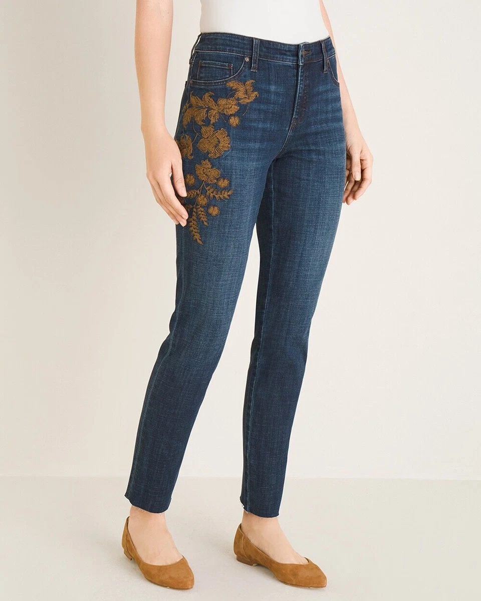 SO SLIMMING Chico's Floral-Embroidered Girlfriend Ankle Jeans