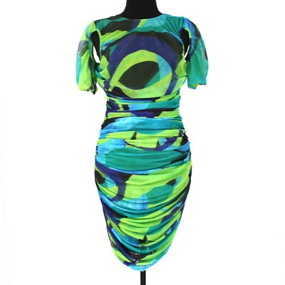House Of CB Letitia Full Ruching Multicolor Geometric Abstract Mesh Mini  Dress L | eBay