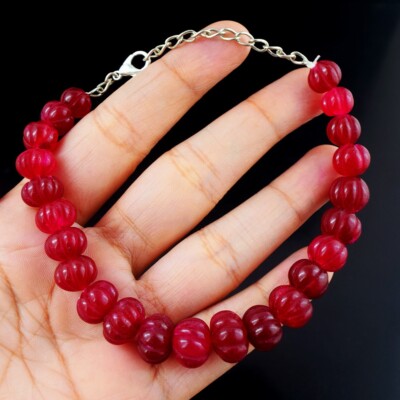 ★ ruby ★ Wonderful Amazing Cut 156.00 Cts Red Ruby 7 Inches Beaded Bracelet