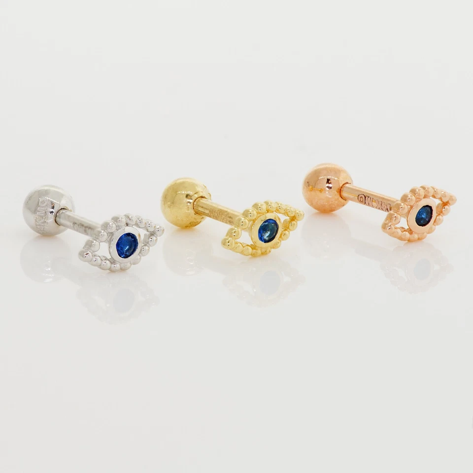 Piercing arete calibre 18 calibre 18 oro macizo mal de ojo zafiro azul circonita cúbica 14K REAL Foto 2 de 3