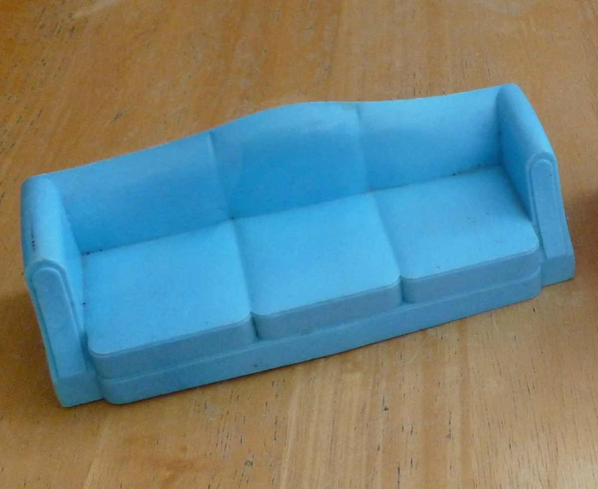 Vintage A PLASCO TOY Doll House Furniture Plastic Blue 3 Seat SOFA COUCH