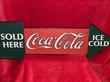 Vintage 1990 Coca Cola Sold Here Tin Embossed Metal Arrow Sign Old Decoration