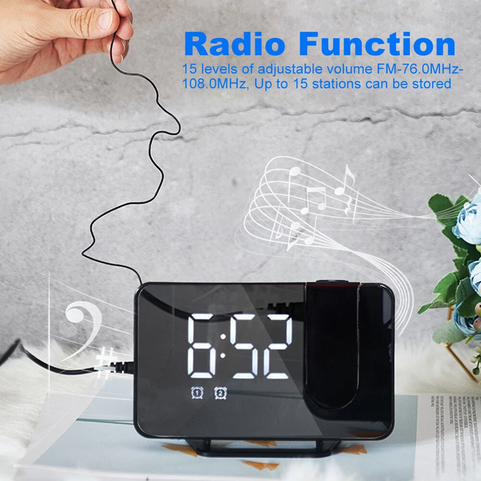Digital Alarm Clock with LED Display Projection & FM Radio USB Charger Bedroom - Image 4 of 4