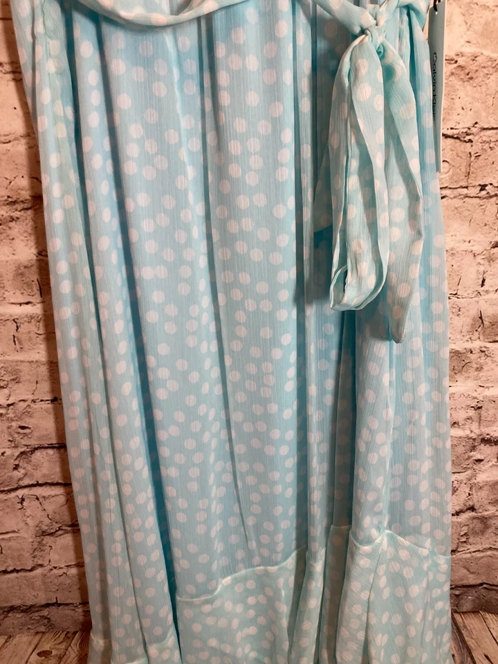 Vestido Calvin Klein de Gasa para Mujer 16 Turquesa Lunares Volantes Maxi Halter Plus Foto 4 de 4