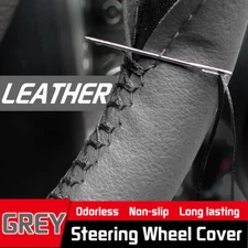 38cm Gray Car Hand Sew Steering Wheel Cover GENUINE UF Leather Non Slip Mat DIY