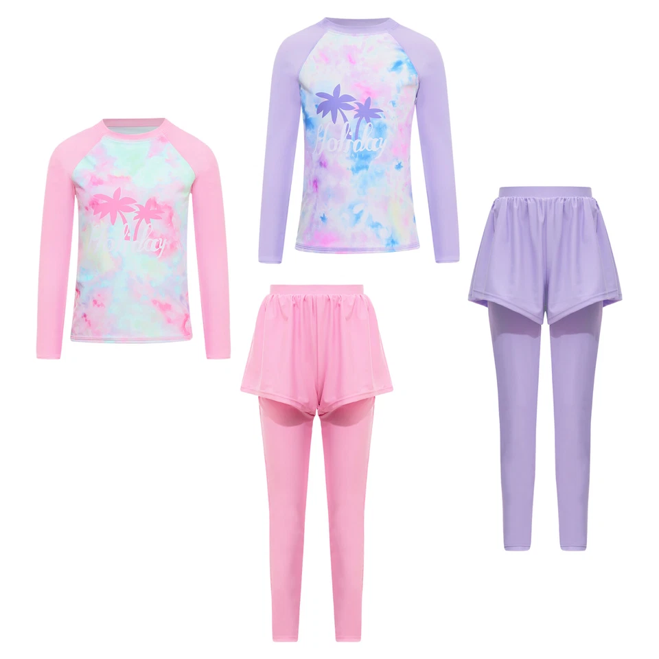 Niños Niñas Traje de Baño Mangas Largas Trajes de Baño Conjunto Falda Pantalones Disfraz Traje Foto 2 de 4