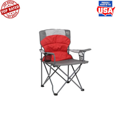 Quad Fold Camping Chair W/ Cup Holder & Phone Pocket Durable 600D Polyester New