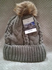 RELIANT WINTER WEAR Beanie Hat Womens Grey Chunky Cable Knit Faux Fur Pom Bobble