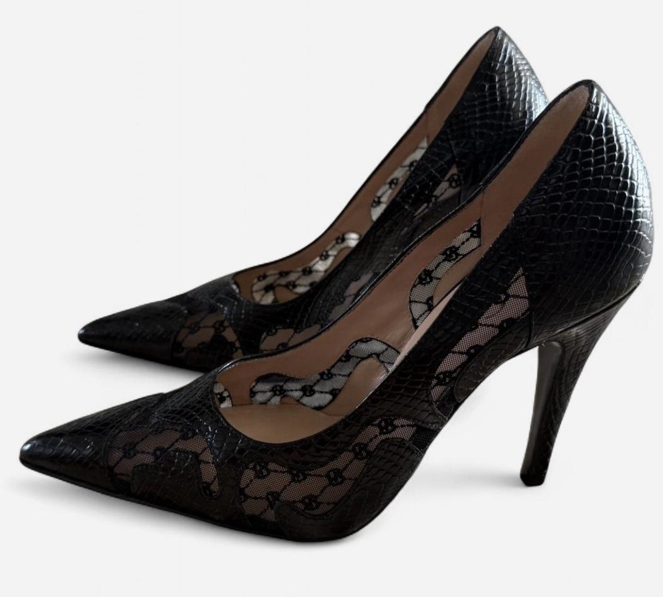GUCCI Black Lace & Python-Embossed Leather Pointe… - image 3
