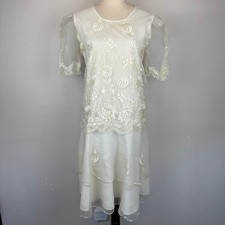 Vintage Ivory Dress Floral Embroidered Sheer Layered Party Lace Sleeve Gown