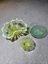 Uranium Glass Lot Of 3 Pieces, Candy Dish, Bowl And Top Hat