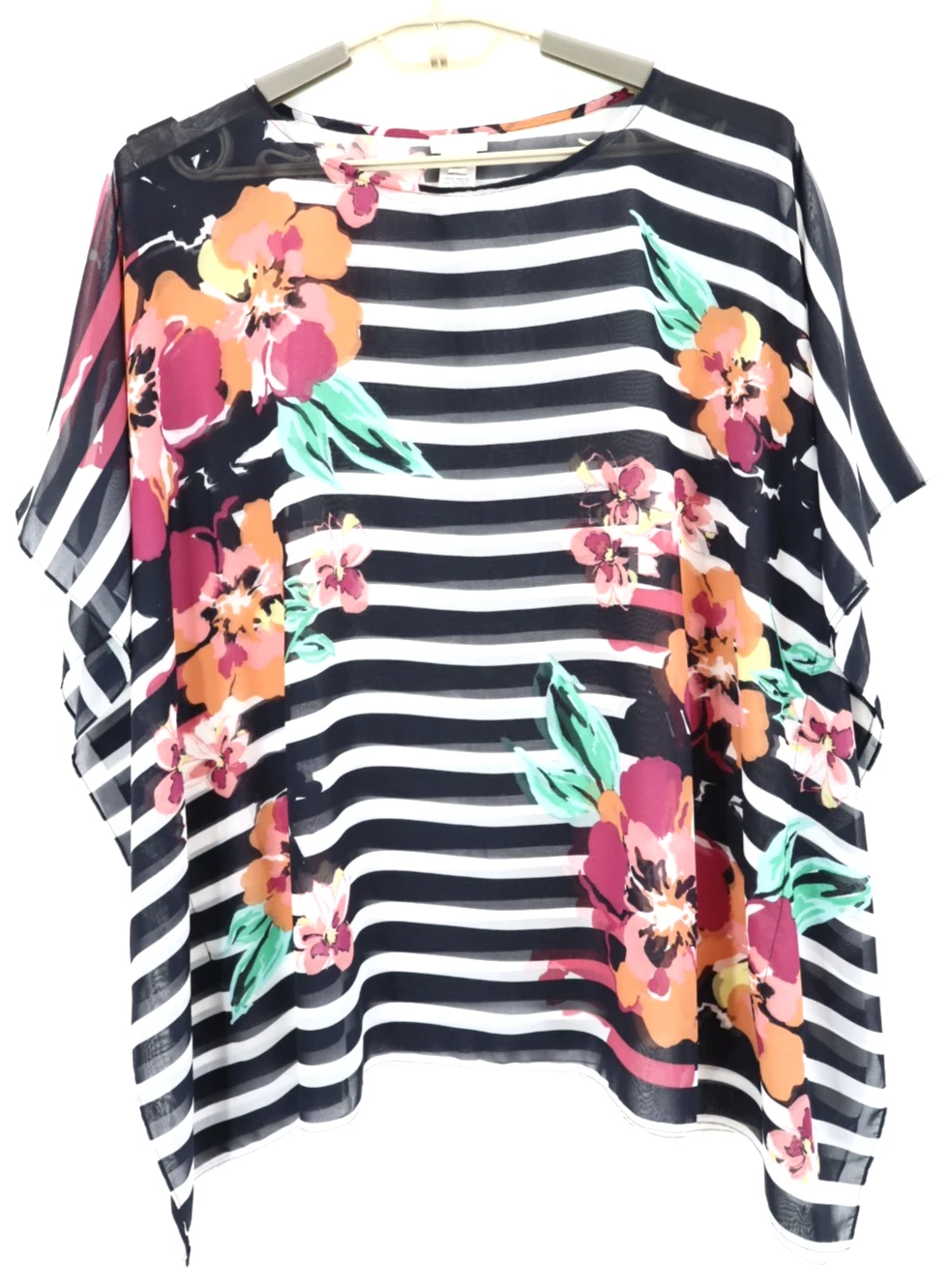 TALBOTS Women's Polyester Poncho Blouse Short Sleeve Striped Floral Size L XL