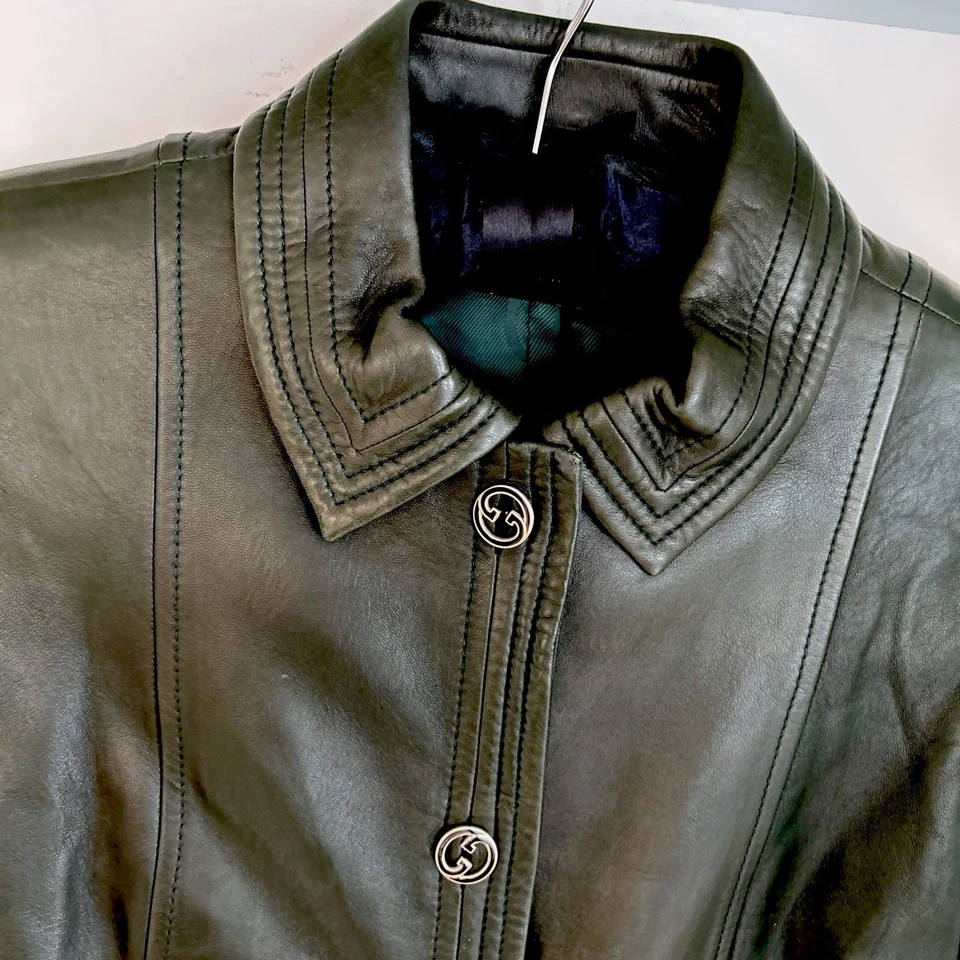 Подлинный GUCCI темно-зеленый мягкий кожаный жакет с логотипом кнопки SZ S (4-6) - Изображение 3 из 4