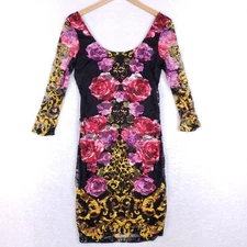 Venus Floral Baroque Bodycon Dress Black Scoop Neck Long Sleeve Medium Party