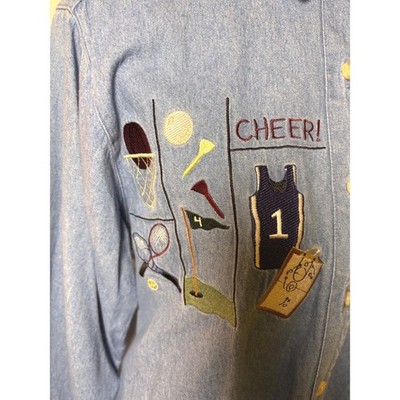 MOM SPORTS Christopher & Banks Denim Shirt Womens SZ M Embroidered Cheer Go Team