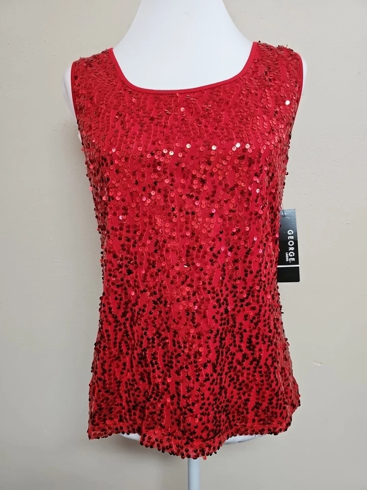 NUEVO CON ETIQUETAS GEORGE Mujer Blusa Top Sin Mangas Cuello Redondo Lentejuelas Color Rojo.Talla M Foto 4 de 4