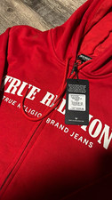 True Religion Men's L Red Full Zip Hooded Graphic Logo Fleece Hoodie