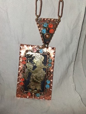Vtg Casa Maya Mexico Statement Necklace Handmade Copper /Brass Painted Enamel