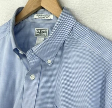 LL BEAN Shirt Mens L Tall Wrinkle Resistant Short Sleeve Check Button Down Blue