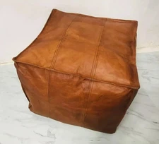 Boho New Pouf Brown Square Footrest Leather Moroccan Ottoman Pouffe