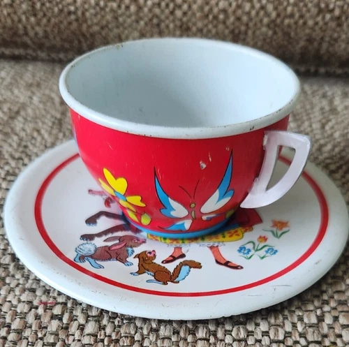 Vintage Tin Litho Ohio Art Children's Tea Cup and Saucer Little Red Riding Hood
