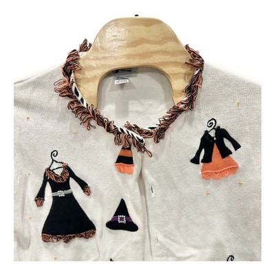 Vintage J Two NY Halloween Witch Cardigan Sweater XL Embroidered Fringe Novelty
