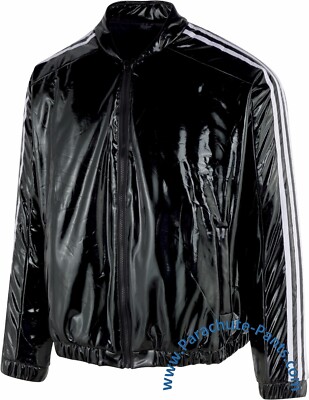 Bruno Black Shiny PVC Vinyl PU Plastic 3-Stripe Bomber Jacket