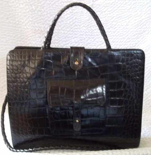 Beth Levine New York Croco Embossed Black Leather Handbag - Picture 3 of 12