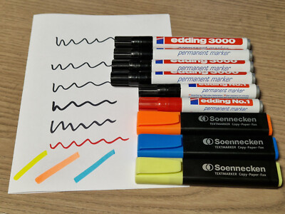 9 Stifte:  4 Edding 3000 -  3 Soennecken Textmarker -  2 Edding No. 1