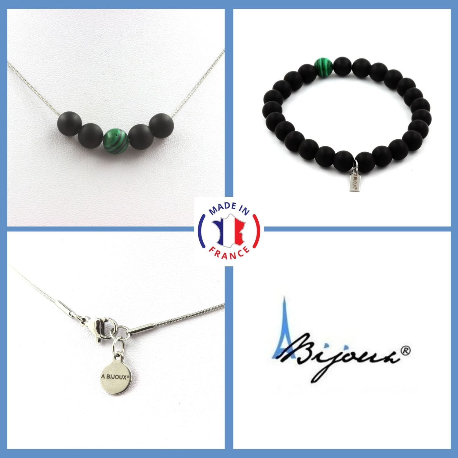 Bracelet Collier Malachite Onyx noir mat 8 mm parure aux finitions contrastées