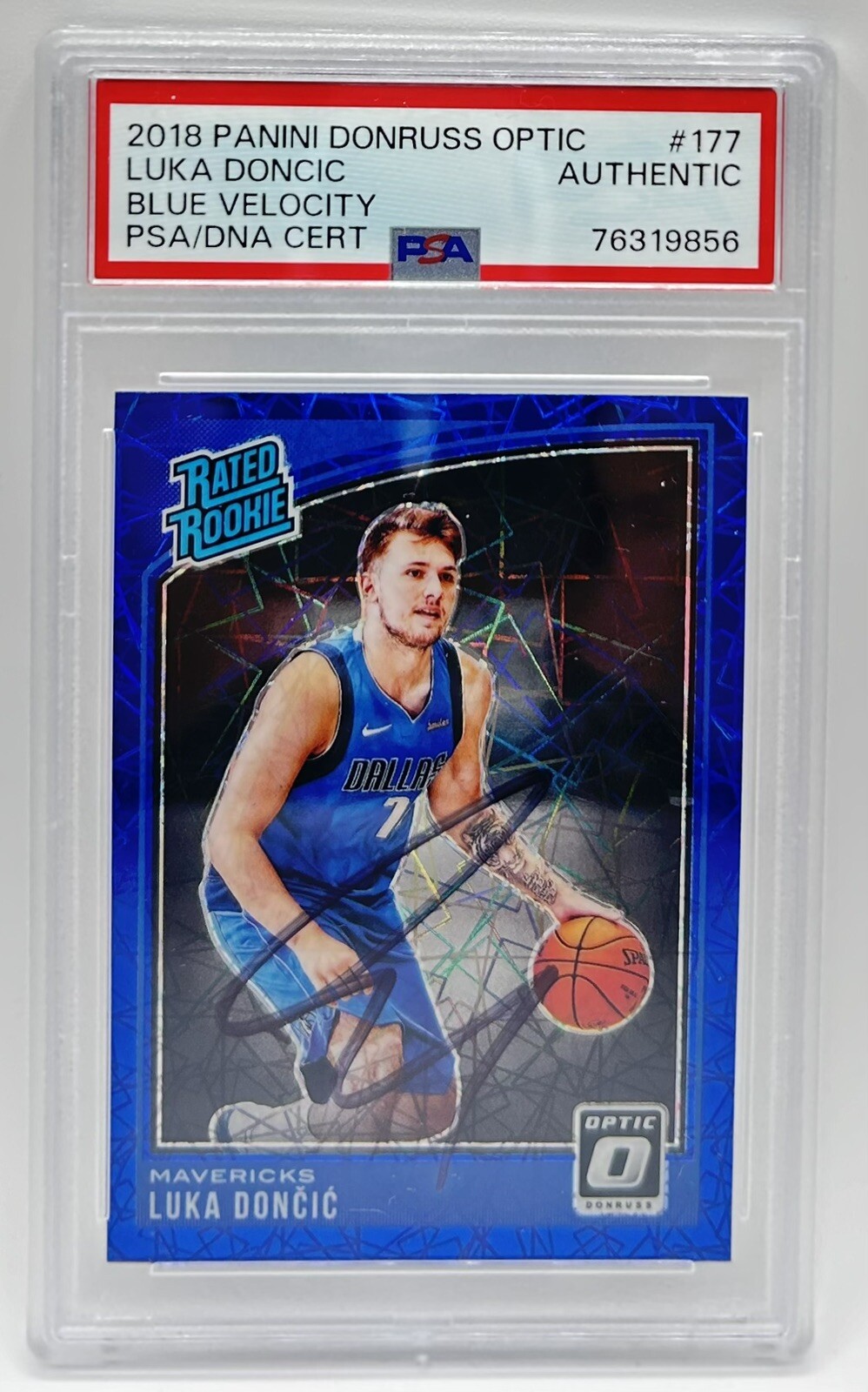 Luka Doncic Signed 2018-19 Panini Optic Blue Velocity Prizm #177 Auto PSA/DNA