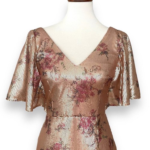 Marchesa Notte Rose Gold Split Sleeve V-Neck Floral Sequined Maxi Dress Size 2 - Picture 3 of 14