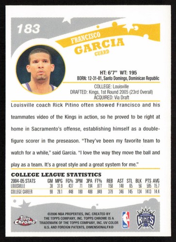 2005-06 Topps Chrome Francisco Garcia #183 RC Sacramento Kings Rookie - Picture 2 of 2