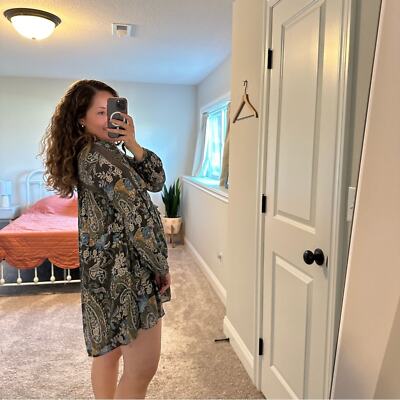 Free People Green Floral Lace Front Long Sleeve Mini Dress Small